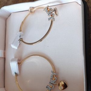 Juicy Couture gold hoop earrings w/ heart dangles/crystal adorned JUICY letters